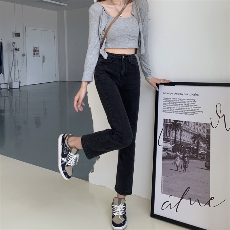 Xiaozhainv Quần jeans dài lưng cao ống đứng thời trang cho nữ