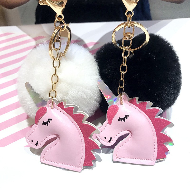 Móc khoá quả bông thỏ hồng unicorn MKB12