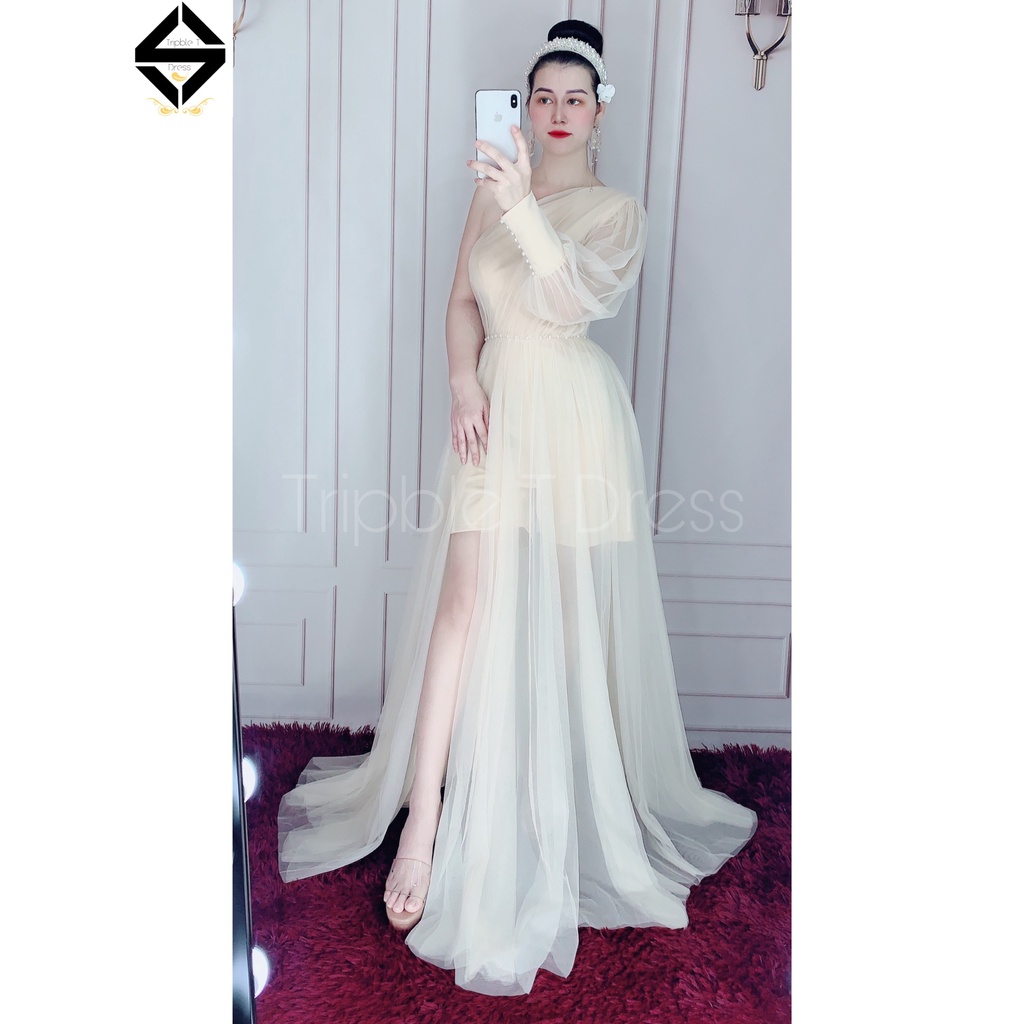 Đầm maxi dự tiệc lệch vai tay dài kết ngọc TRIPBLE T DRESS - size M/L (ảnh/video thật) MS132V