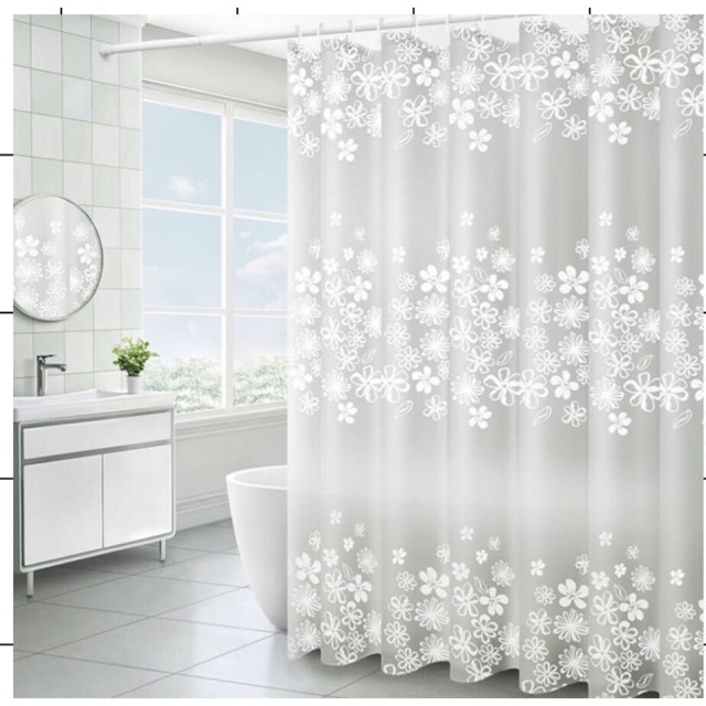 Rèm Phòng tắm / Rèm Cửa sổ Hoạ tiết trong hoa lá Trắng viền A49 180x180cm Loại 1