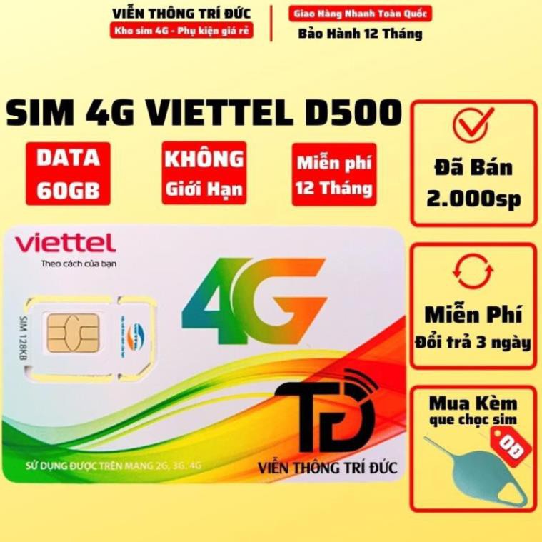Sim 4G Viettel / Vinaphone D500 Trọn Gói 1 Năm 60Gb  Data Không Giới Hạn -Sim vào mạng 1 năm không nạp tiền