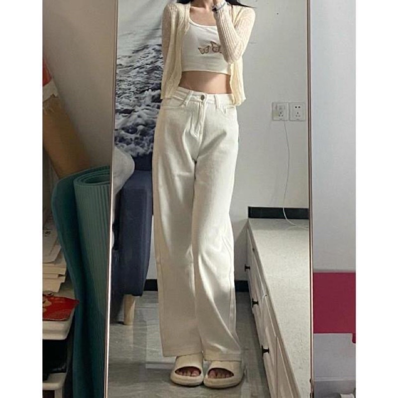 Quần jean suông ống tocjean rộng cạp cao nữ màu trắng