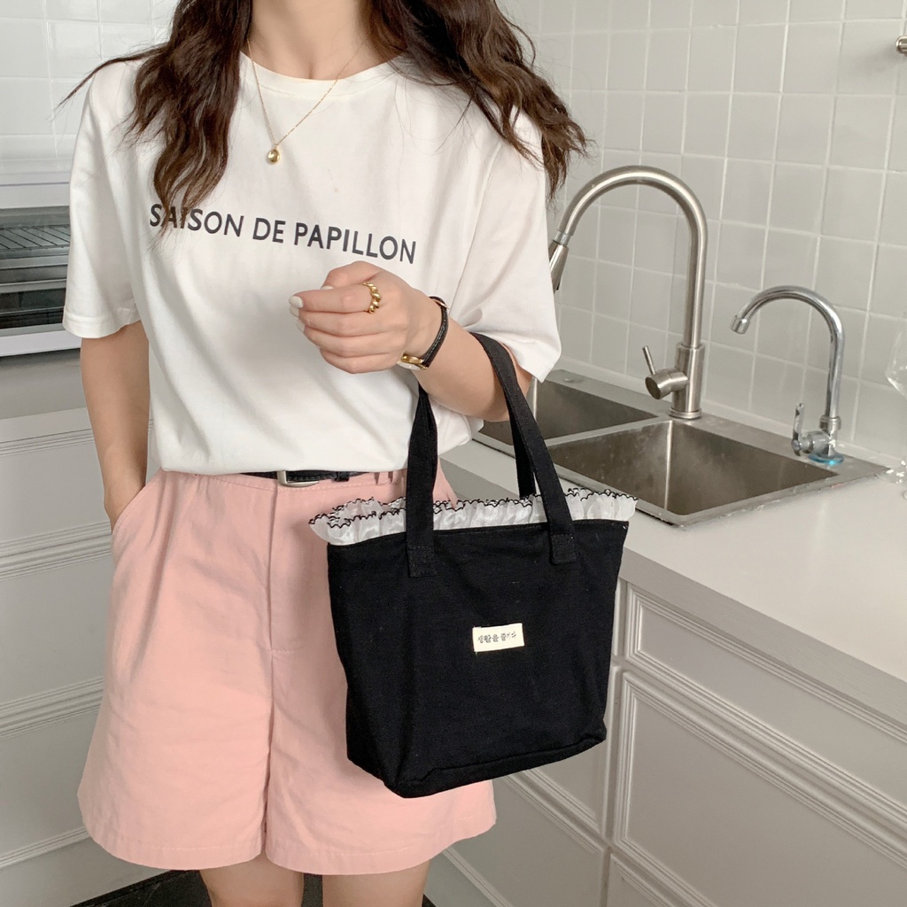 Túi Xách Vải denim Phối Ren Họa Tiết Kẻ Sọc Phong Cách Cổ Điển Thời Trang Cho Nữ