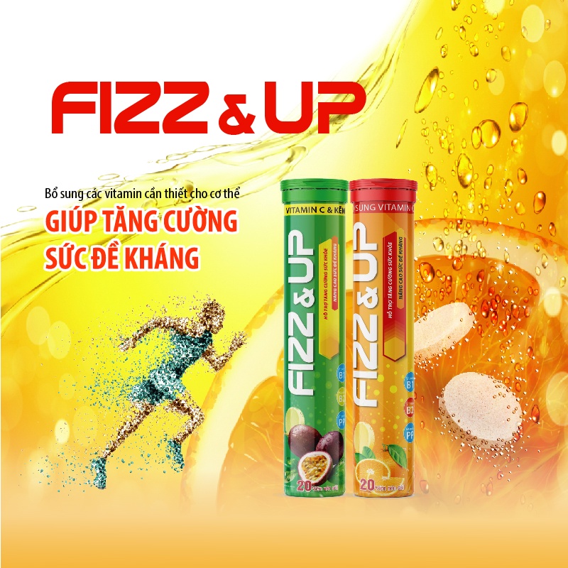 Viên Sủi Multivitamin Tăng Lực Tăng Sức Đề Kháng Green Heart Pharma Fizz &amp; Up Tuýp 20 viên 4g