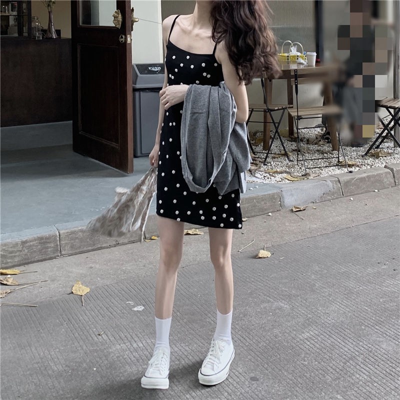 Váy 2 dây, đầm hai dây ulzzang, dáng ngắn năng động, Váy xòe hai dây chiết eo màu đen