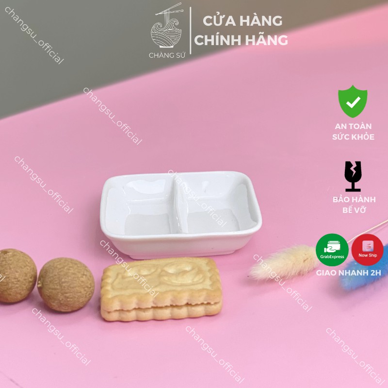 Đĩa chấm 2 ngăn trắng trơn đựng gia vị, tương cà, muối tiêu, xì dầu, nước mắm - Chén gia vị chia ngăn sứ Minh Châu