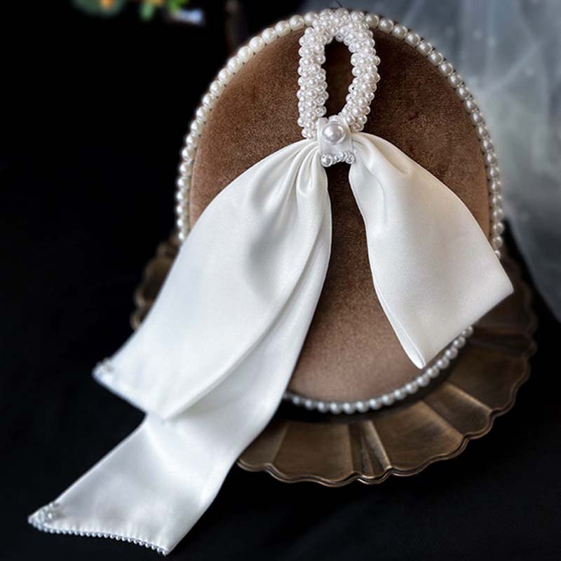 Dây Buộc Tóc Nơ Vải Satin Đính Ngọc Trai Phong Cách Retro Cho Cô Dâu