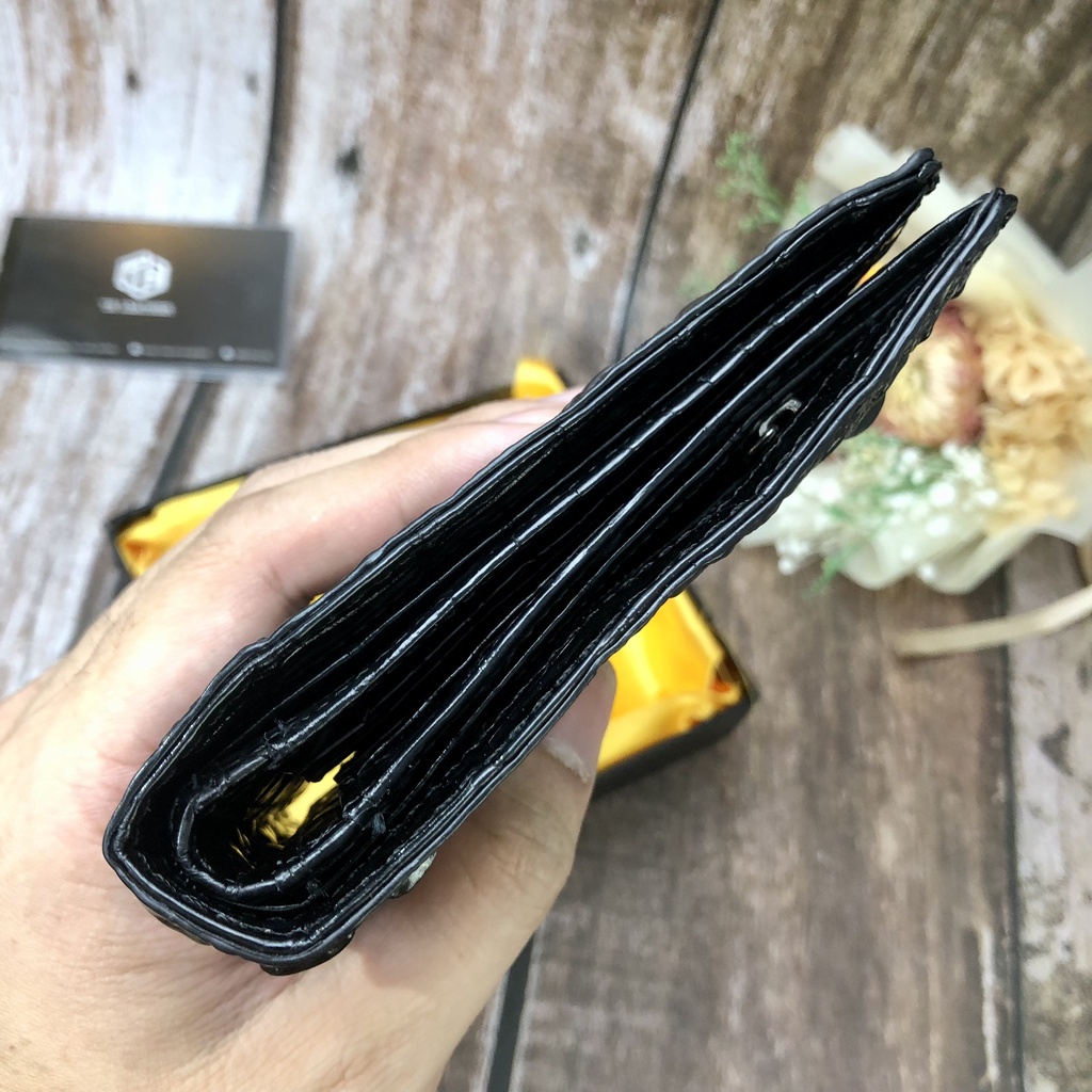 Ví Da Cá Sấu Gù Đầu 2 Mặt, Bóp Nam Da Gai Lưng Gù Đầu 2 Mặt Màu Đen, Kiếu Dáng Ngang - BH 24 Tháng