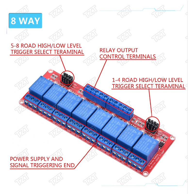 Mô đun rơ le 5v/ 12v/ 24v 8 kênh điều khiển rơ le kích hoạt mức cao và thấp với bộ ghép quang