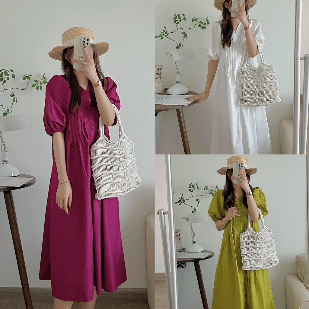 Đầm sơ mi nữ form rộng cổ V xếp ly ngực dọc 3 màu hot trend đi biển Kozoda D71
