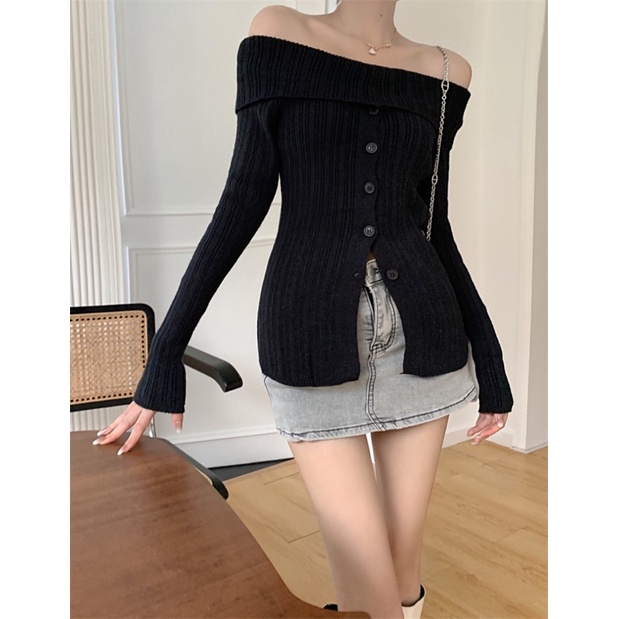 Áo len tay dài dệt kim trễ vai xẻ tà nhiều màu cúc cài mùa thu tiểu thư nữ tính ấm áp học sinh korean dễ thương cá tính