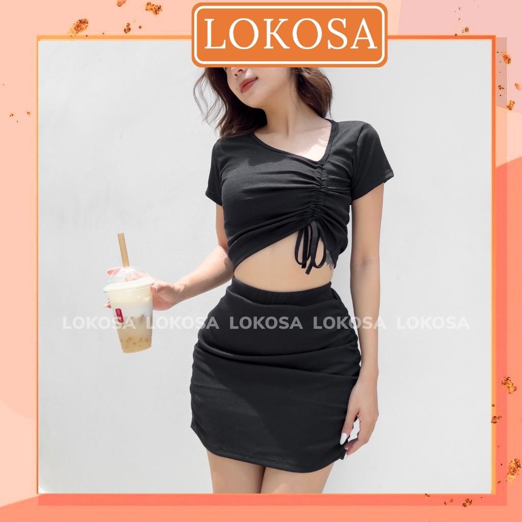 Set Croptop LOKOSA Bộ 2 Món Áo Croptop Nữ Tay Ngắn Rút Dây Chân Váy Chữ A Nhún Ôm Ngắn Body VD084 | BigBuy360 - bigbuy360.vn