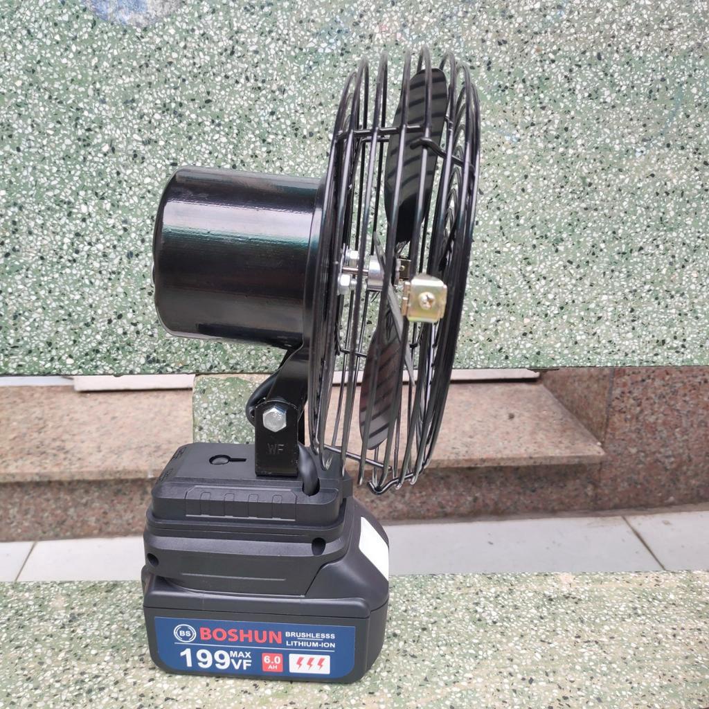 Quạt tích điện Boshun, chân pin 4cm, có thể dùng pin của makita, hoạt động liên tục lên đến 8h