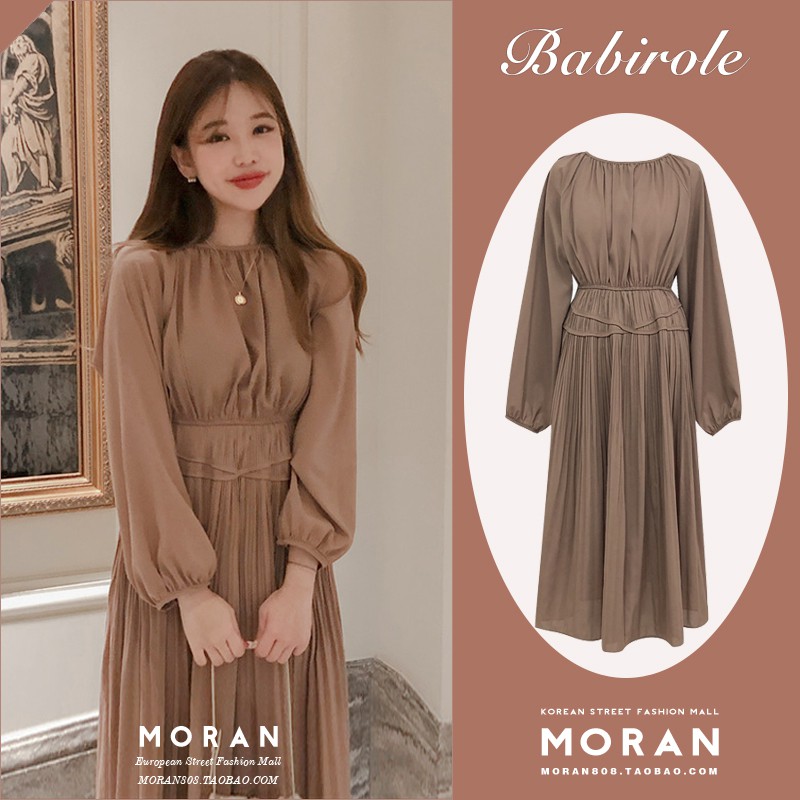 (ORDER) Váy MORAN dài tay mùa thu thun eo xòe dài xếp ly style kiểu Pháp (HÀNG_MỚI)