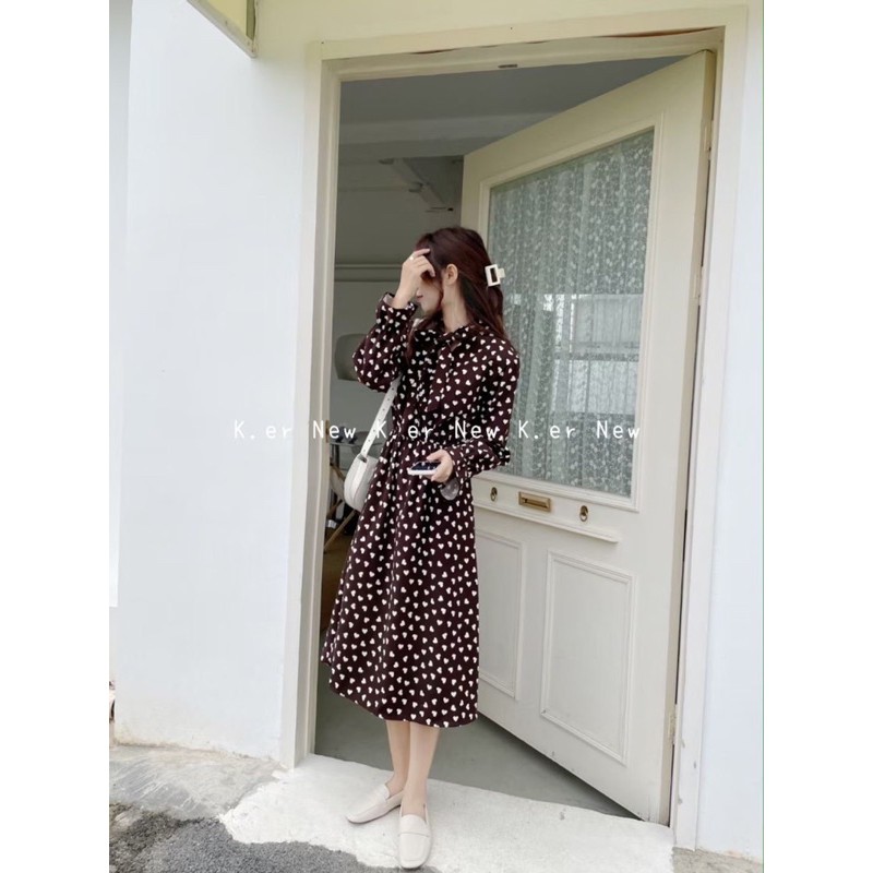 váy xoè cổ nơ hoạ tiết trái tim vải dạ nhung (Không kèm Gile) Ulzzang style🌸 Hàng Quảng Châu