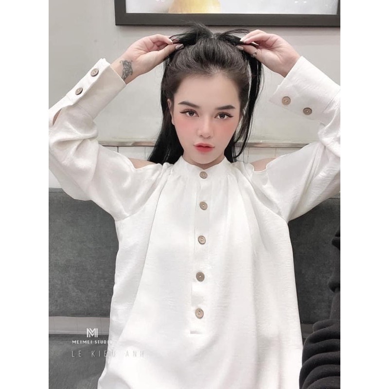 Đầm sơ mi suông lụa trắng hở vai tiểu thư dáng rộng thụng siêu xinh, Váy dự tiệc dáng xuông khoét vai hàng đẹp | BigBuy360 - bigbuy360.vn
