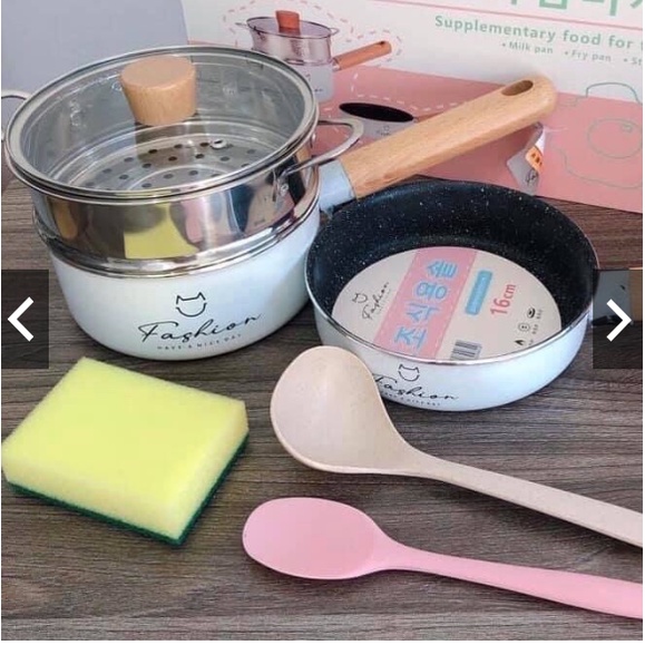 Bộ Nồi Chảo Đá Chống Dính Kèm Xửng Hấp, Bộ Nồi Chảo Đá FASHION 16cm Cho Bé Ăn Dặm