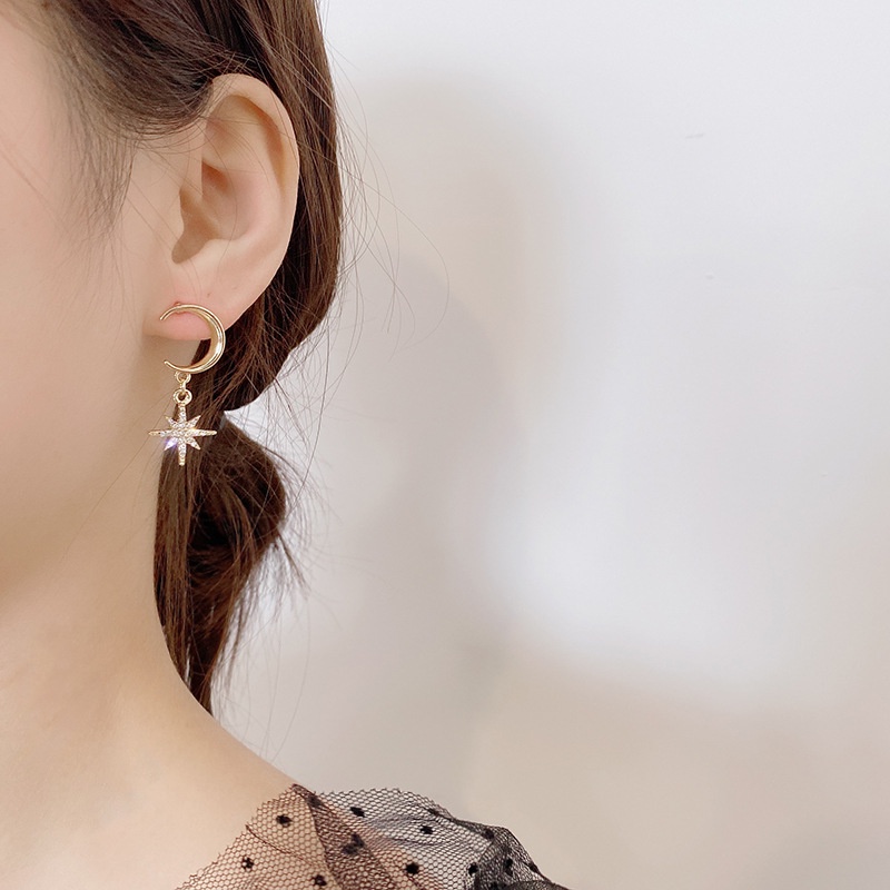 Bông Tai Hình Mặt Trăng Ngôi Sao Đính Đá s925 Phong Cách Pháp Đơn Giản Thời Trang Cho Nữ