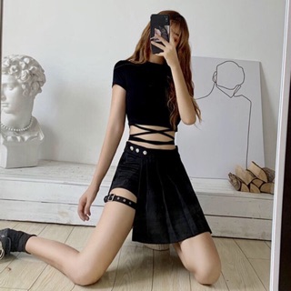 [Order] YAS0566-Áo croptop buộc dây + quần váy Gothic punk