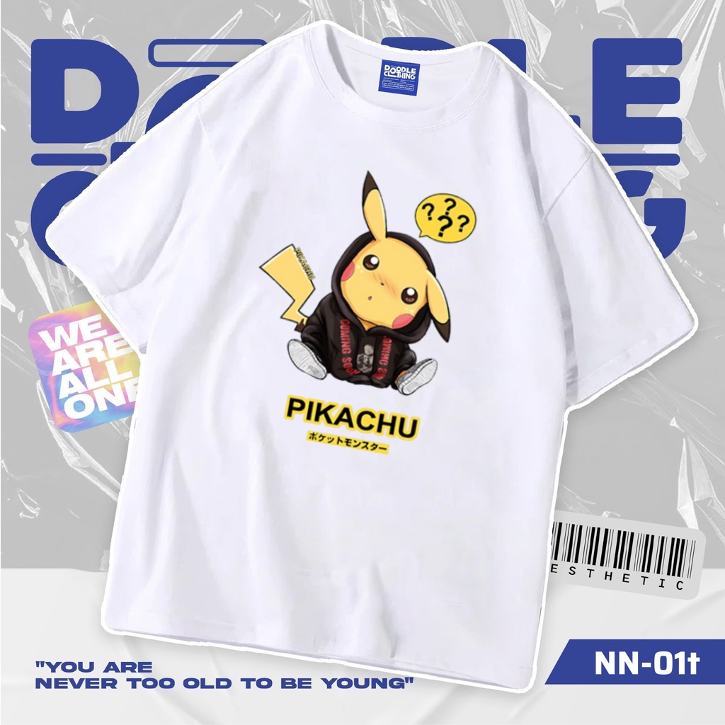 Áo thun nam nữ tay lỡ unisex oversize áo phông form rộng basic tee hình pikachu bận áo khoác