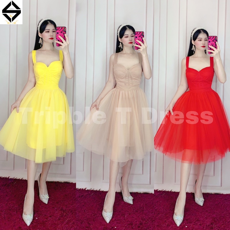 Đầm xoè công chúa 2 dây lót thun mát có độ dãn eo tốt TRIPLE T DRESS - size M/L - MS185Y