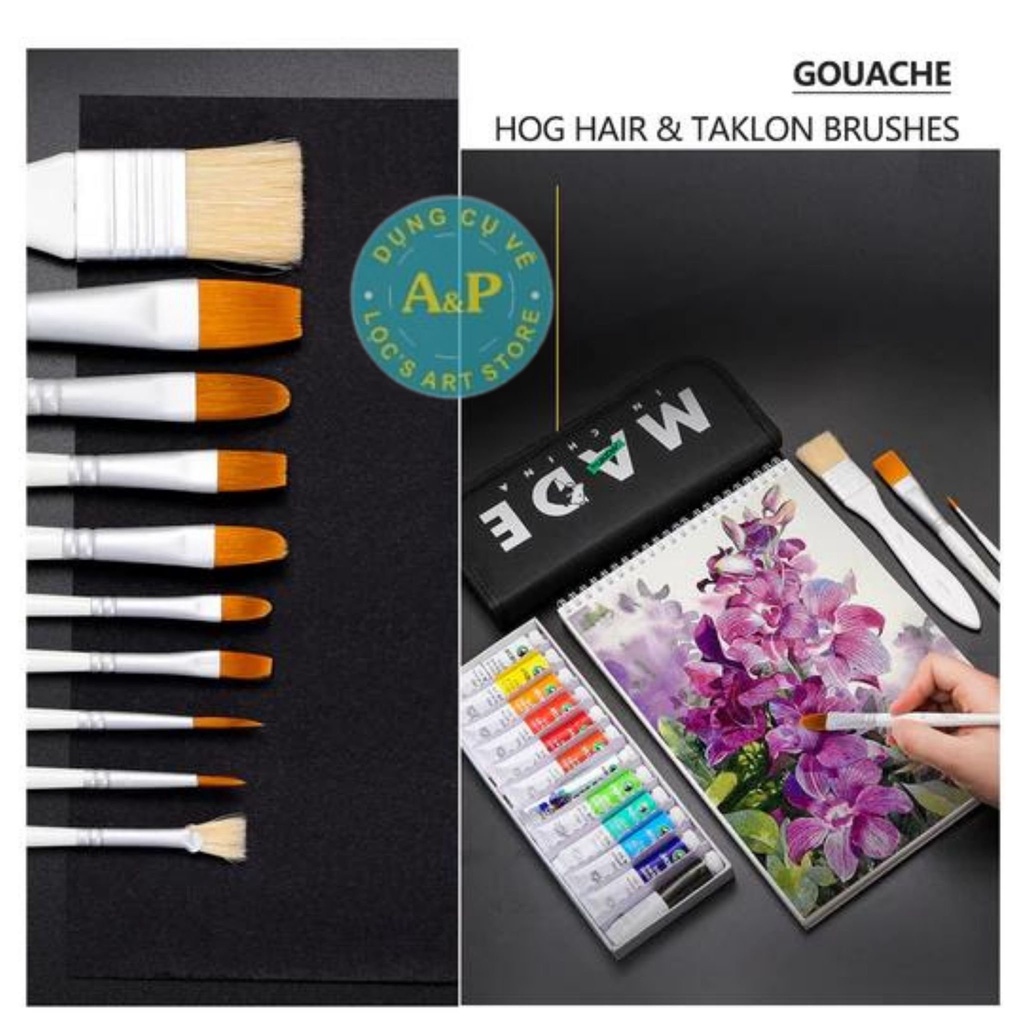 Cọ bộ 10 cây Marie's vẽ màu Gouache  lông nylon và lông ngựa kèm túi đựng