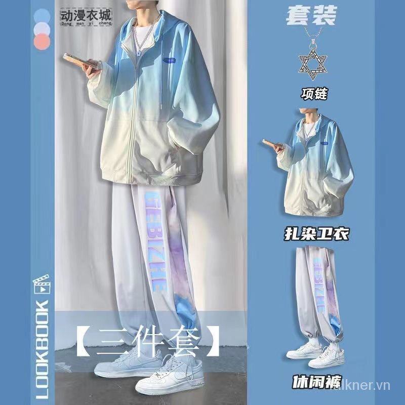 Set quần dài và áo hoodie thời trang phong cách Hong Kong cho nam