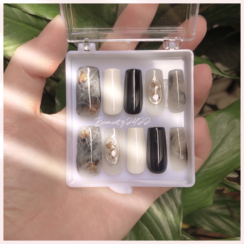 Nail box- Móng thiết kế tặng kèm dũa và keo dán mini- Mẫu Black Stone