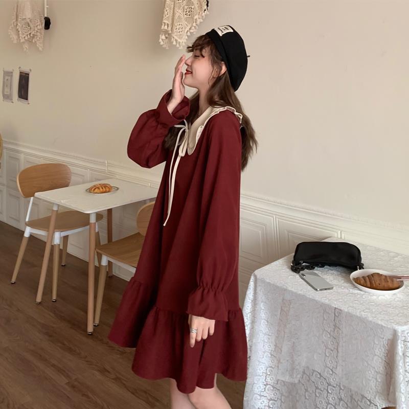 Váy đầm nhung đỏ cổ búp bê retro tay dài dáng ngắn phong cách Hàn Quốc MS389