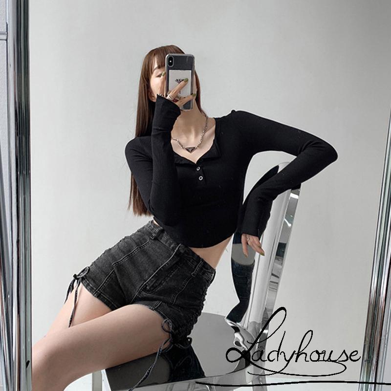 LDD-Women T-shirt Long Sleeve Henley Neck Solid Slim Fit Fall Casual Daily Ladies Tops