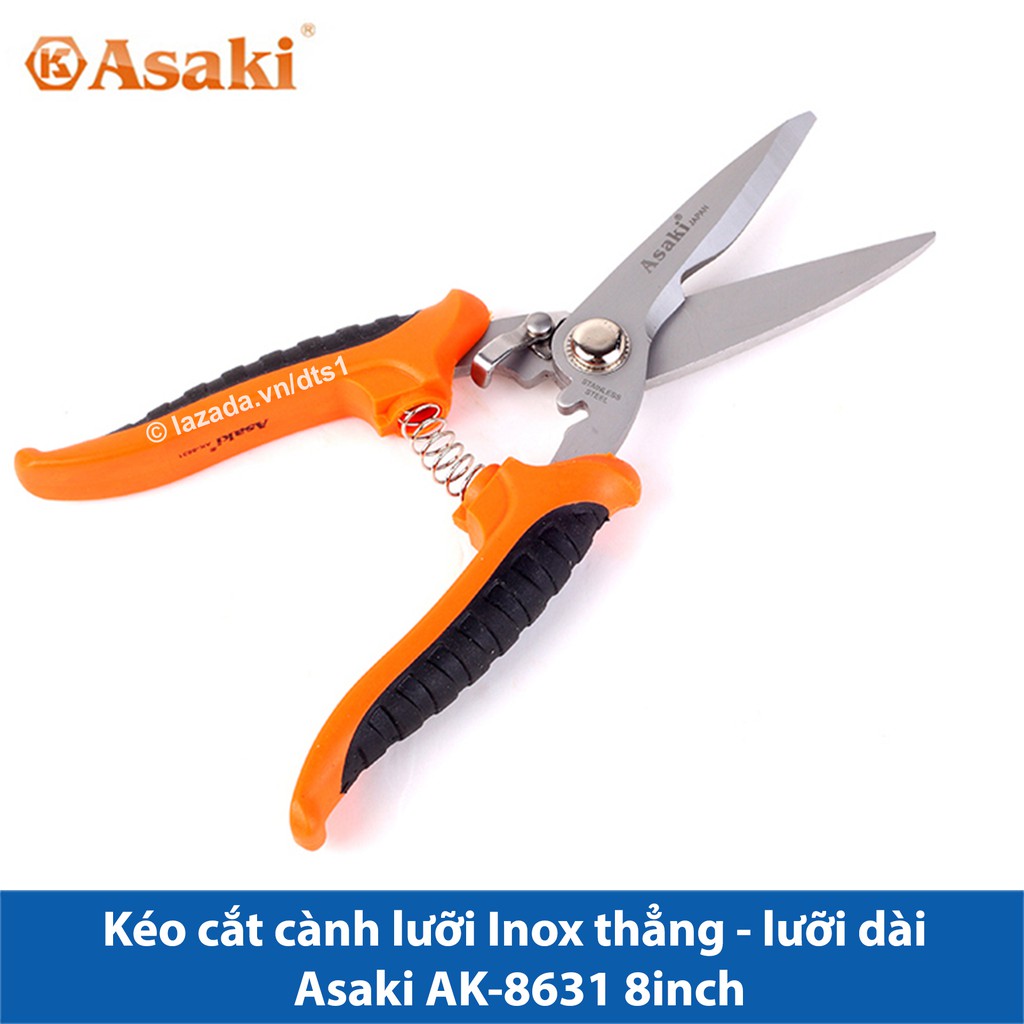 Kéo cắt cành, tỉa cành lưỡi Inox - mũi thẳng Asaki đa năng, kéo làm vườn chuyên nghiệp