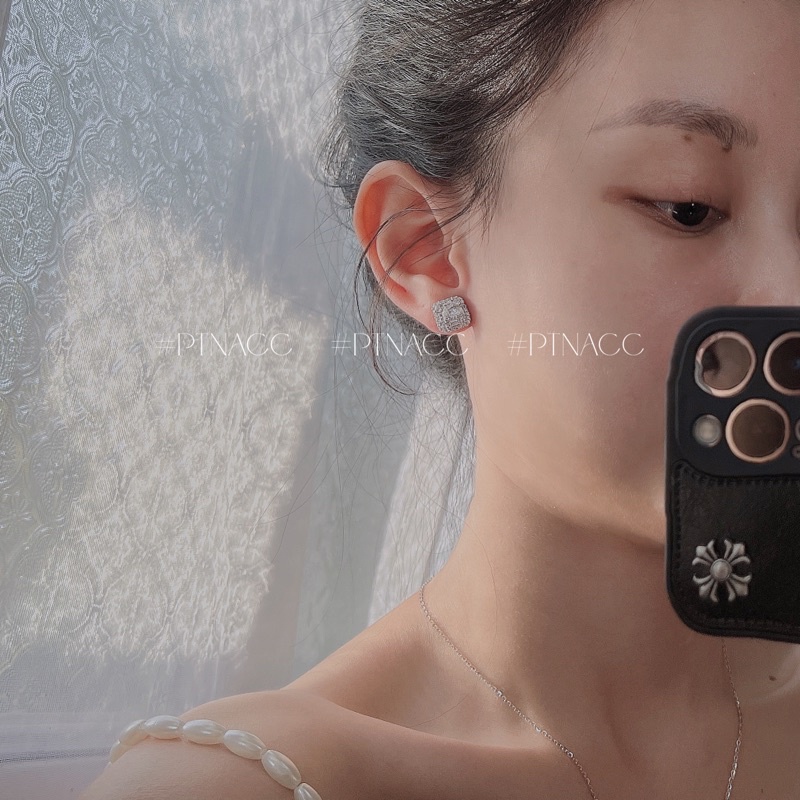 Bông tai, khuyên tai xi bạch kim đính đá vuông .PTNACC.