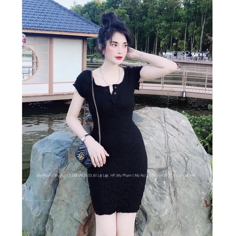 Váy body xốp len montoghi cổ tròn cúc ngực dáng ngắn Đầm ôm bó cộc tay