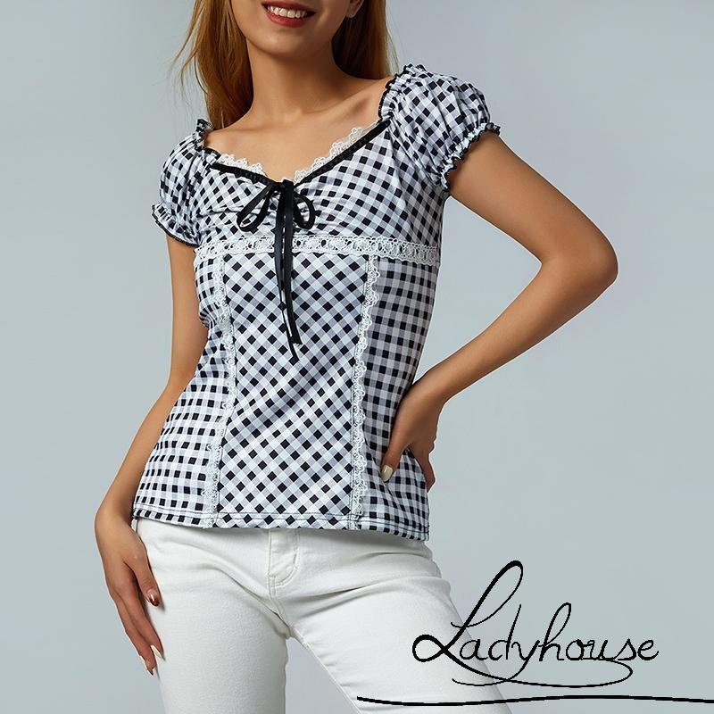 Ld-áo Thun Tay Ngắn Cổ Chữ U Viền Ren Kẻ Sọc Caro Thời Trang Mùa Hè Cho Nữ Size S/M/L