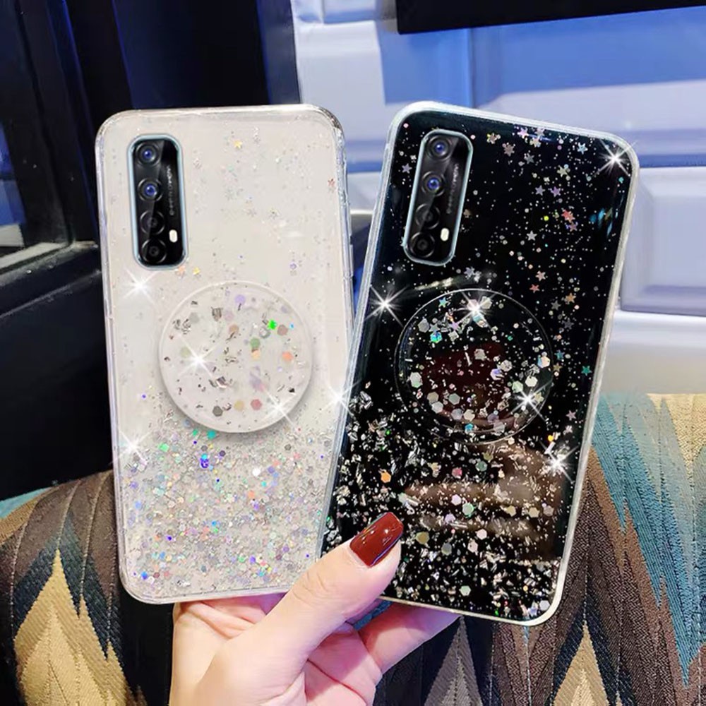 Ốp điện thoại silicone mềm trong suốt phối kim tuyến có giá đỡ cho Realme 7 7 Pro 7i C17 6 6i 6 Pro C15 C12 C11