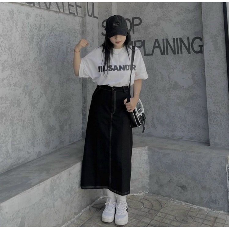 Chân váy midi viền chỉ nổi giả jeans Ulzzang cạp chun xẻ sau - chân váy nữ lưng cao dáng dài phong cách Hàn Quốc Okélla