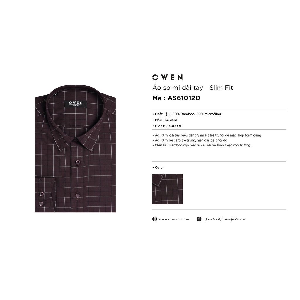 Áo sơ mi nam dài tay OWEN AS61012D somi công sở vải sợi tre cao cấp màu nâu café đen dáng ôm tà lượn không túi
