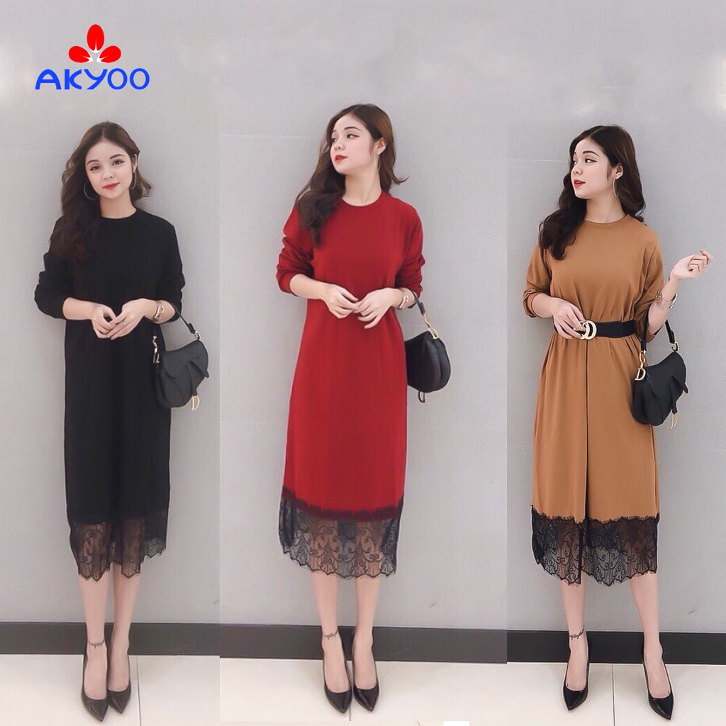 [ Free Ship] Váy phối chân ren bigsize  3 màu (đen ,đỏ nâu)