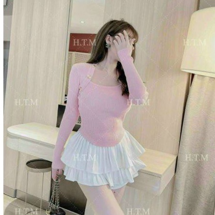 Áo cổ U tay dài  phối nút viền vạt bầu phong cách hiện hàn quốc(A15