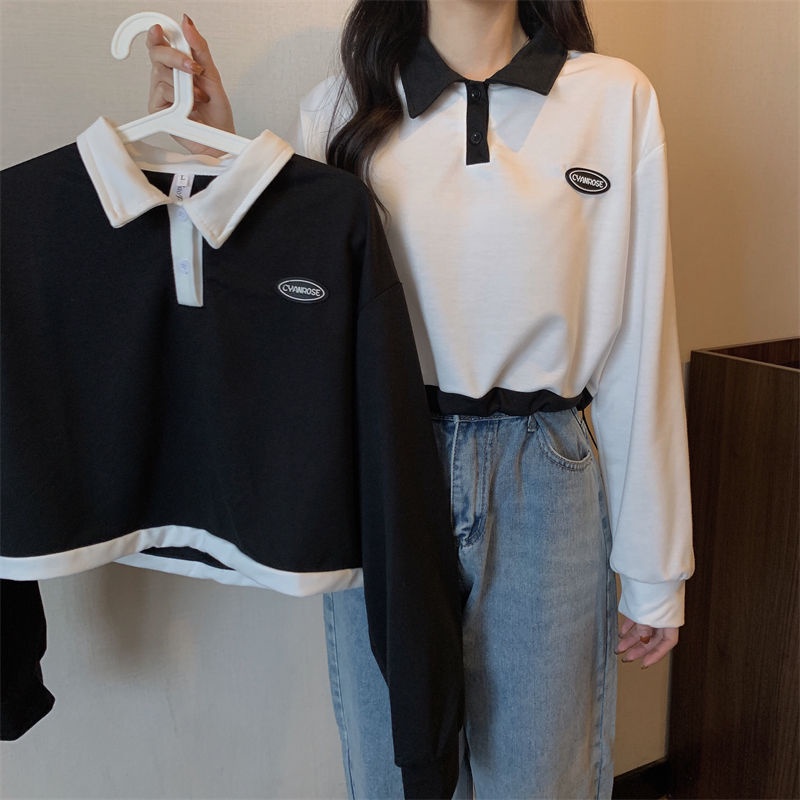 COZOK Áo Thun Sweater Tay Dài Cổ Polo Phối Dây Rút Cá Tính