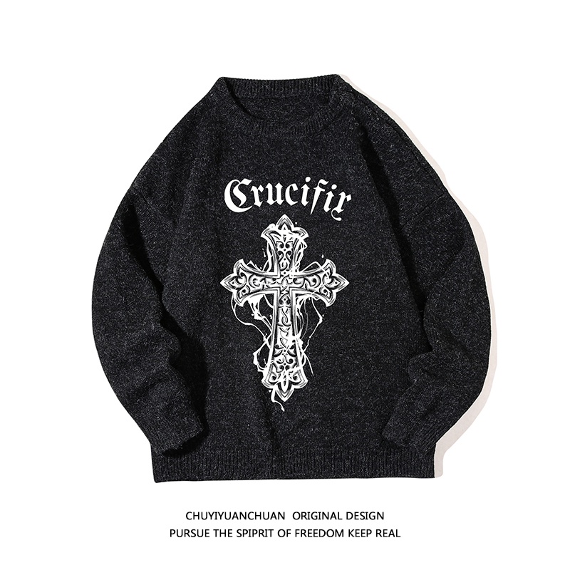 Áo sweater IFNICEFUTURE dệt kim vải dày cổ tròn dáng rộng in họa tiết thời trang dành cho nam