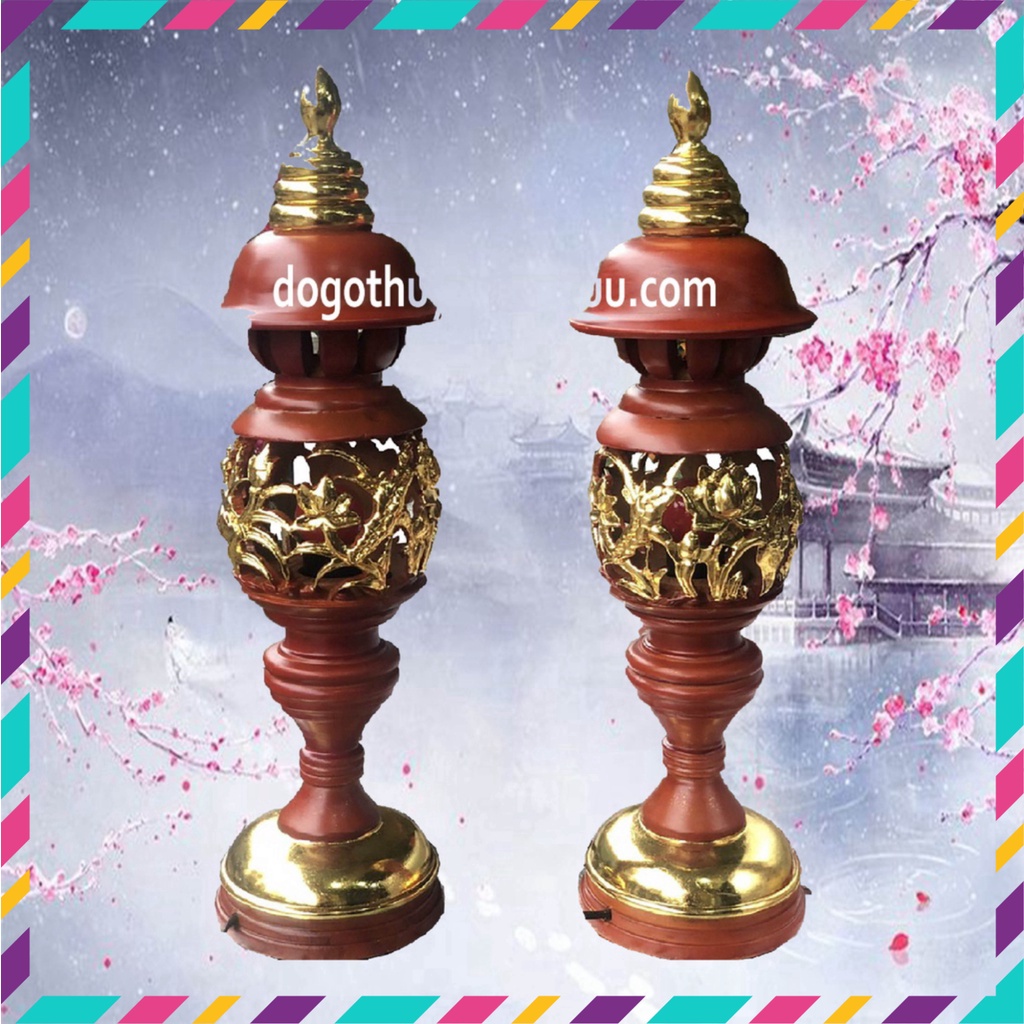 Đôi đèn thờ gia tiên kiểu hoa sen gỗ hương cao 41cm