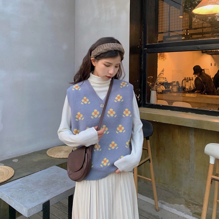 Áo len không tay cổ chữ v dáng rộng thời trang phong cách Hàn Quốc