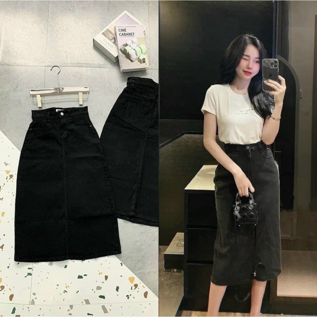 Chân váy bò dài qua gối bigsize jean cạp chun co dãn midi basix trẻ trung năng động màu đen chất đẹp chuẩn ảnh 2022