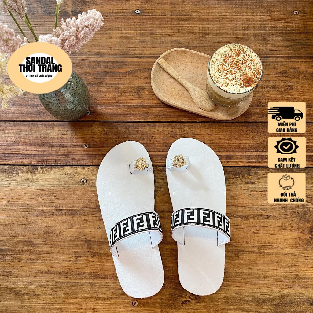 Dép sandal nữ xỏ ngón, SANDALTHOITRANG Dép sỏ ngón nữ FF Trắng/đen full size 30-44