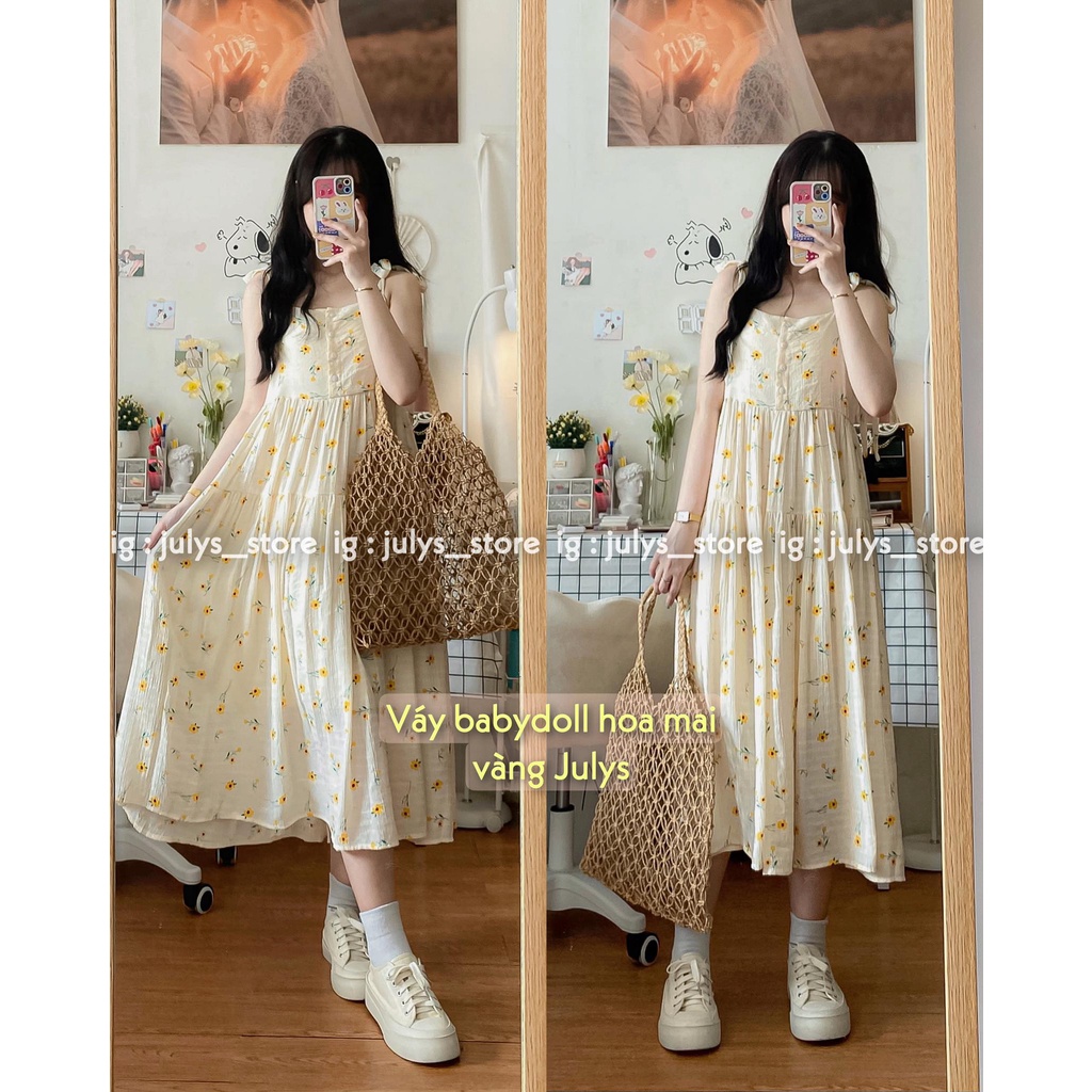 váy babydoll hai dây hoa mai vàng cúc ngực (ảnh thật kèm video)