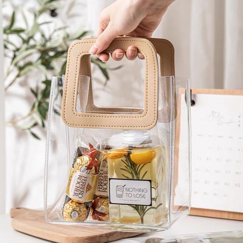 [Quai Nâu - Nhựa Siêu Dày] Túi Nhựa Trong Suốt Dé Store Có Quai Cầm Bằng Da Phong Cách Hàn Quốc