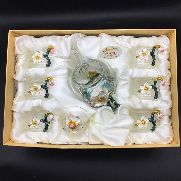 Hộp quà bộ ấm chén thủy tinh enamel HOA MƠ- Song Ngư Hoa thảo trà