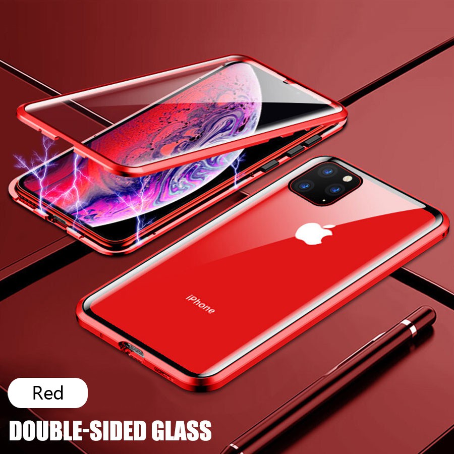 Ốp điện thoại kim loại bằng kính hai mặt có nam châm hấp phụ từ cho iPhone 11 Pro X XS Max XR iphone 7 8 6 6s plus