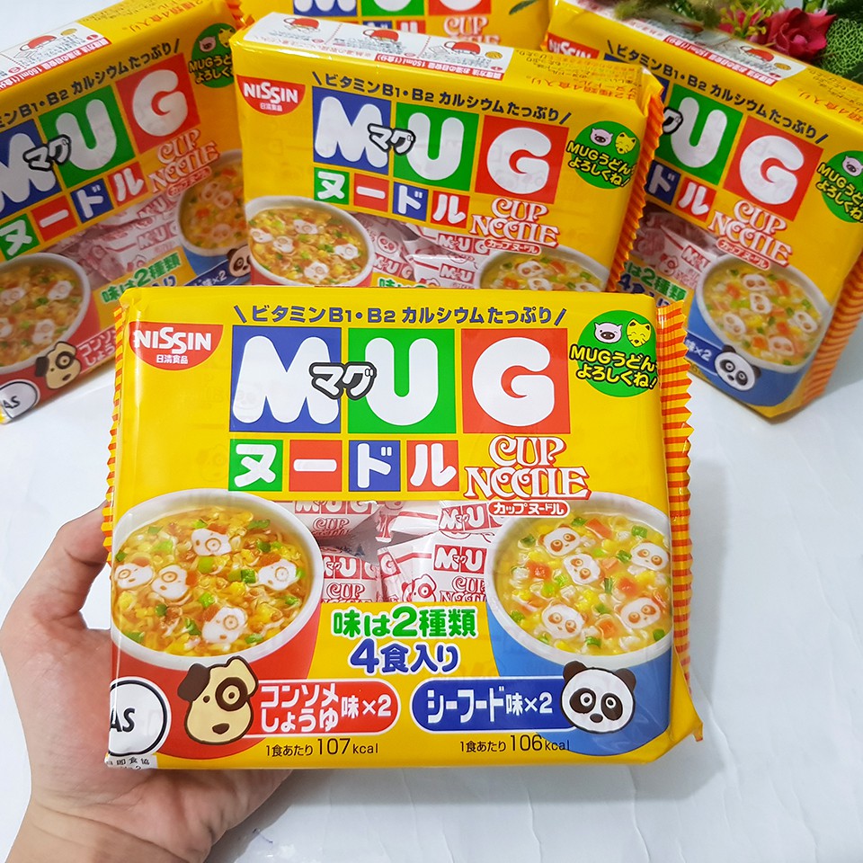 Mì Mug Màu Vàng Nhật Bản Cho Bé Từ 1 Tuổi - Gồm 4 Gói Nhỏ Bên Trong (Date 7/2021) - Mỳ Mug Nissin Ăn Liền Trẻ Em